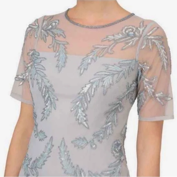 NWT Adrianna Papell Boutique Glacier Pale Blue Beaded Illusion Cocktail Gown 12 - Picture 7 of 16